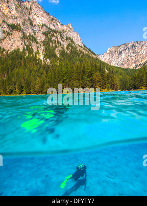 Altitude diving in mountain lake. Gruenner Sea, Alps Stock Photo