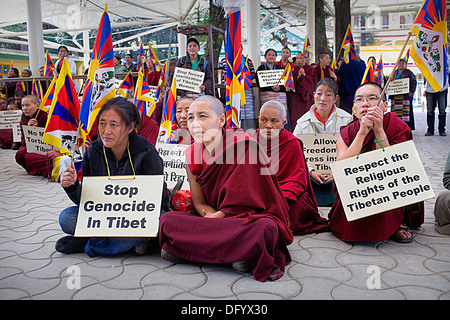 women's demonstration, for the freedom of Tibetan women, in Namgyal Monastery, Tsuglagkhang complex. McLeod Ganj, Dharamsala Stock Photo