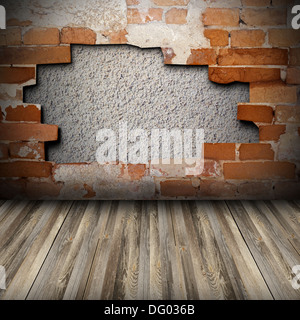 empty architectural backdrop interior room with cracked brick wall Stock Photo