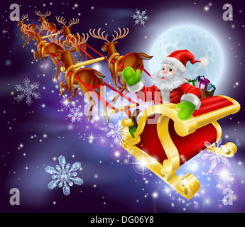 Christmas cartoon illustration of Santa Claus flying in his sled or sleigh through the night sky with moon in the background Stock Photo