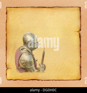 Armored knight with battle-axe - retro postcard on square vintage paper background Stock Photo