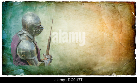 Armored knight with battle-axe - retro postcard on landscape vintage paper background Stock Photo
