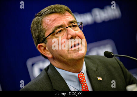 US Deputy Secretary of Defense Ashton B. Carter addresses the Confederation of Indian Industry July 23, 2012 in New Delhi, India. Carter a theoretical physicist and former Harvard professor resigned from the Pentagon October 10, 2013. Stock Photo