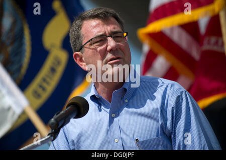 US Deputy Secretary of Defense Ashton Carter addresses service on the Battleship Missouri July 18, 2012 in Honolulu, HI. Carter a theoretical physicist and former Harvard professor resigned from the Pentagon October 10, 2013. Stock Photo