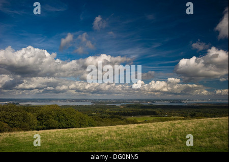 View over Poole Harbour, Brownsea Island and Bournemouth from the Purbeck Hills, Dorset, UK Stock Photo