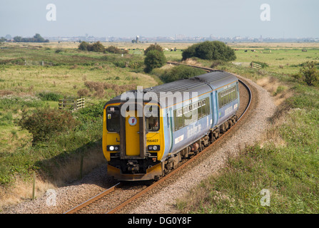 A class 156 diesel multiple unit working a Wherry Lines service at Stracey Arms in East Anglia.