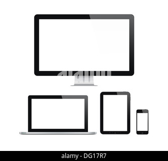 High quality illustration set of modern computer monitor, laptop, digital tablet and mobile phone with blank screen. Stock Photo