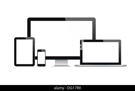 High quality illustration set of modern technology devices with blank screen. Isolated on white background. Stock Photo