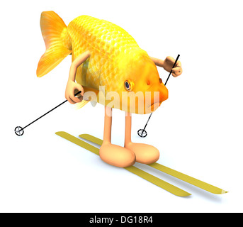 gold fish with arms and legs, ski and stick, 3d illustration Stock Photo