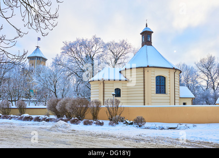 Old church and castle. Winter landscape. Stock Photo