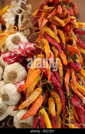 Detail of dried chillis and garlic, Amalfi, Italy Stock Photo