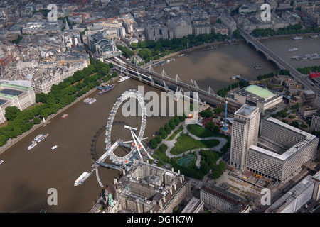 The London Eye and Jubilee Gardens from the air. Stock Photo