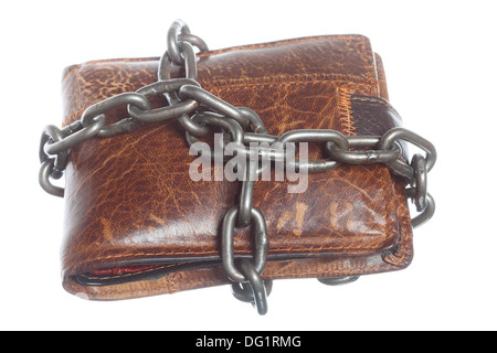 End of personal spending. Poor economy represented by empty wallet in chain isolated on white Stock Photo