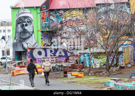 Colorful graffiti on the walls of buildings in Reykjavik Iceland Stock Photo