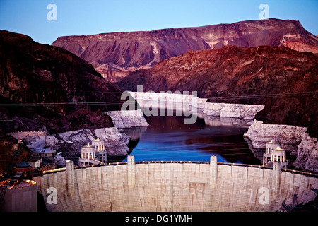 Hoover Dam and Lake Mead at Sunset, Nevada, USA Stock Photo