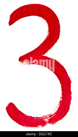 Arabic numeral 3 hand written by red brush on white background Stock Photo