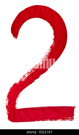 Arabic numeral 2 hand written by red brush on white background Stock Photo