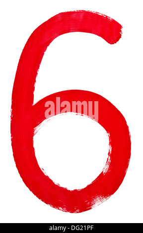 Arabic numeral 6 hand written by red brush on white background Stock Photo