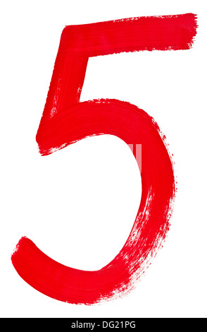 Arabic numeral 5 hand written by red brush on white background Stock Photo