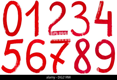 set of Arabic numerals hand written by red paint on white background Stock Photo