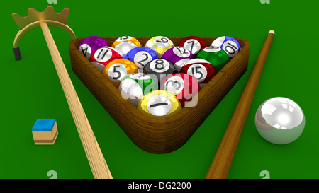 8 Ball Pool 3D Game - All Balls Racked with Accessories on Green Table Stock Photo