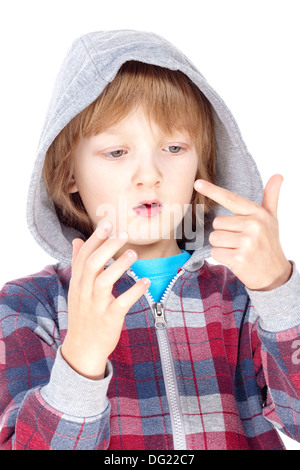 boy with blond hair counting on fingers of his hand - isolated on white Stock Photo