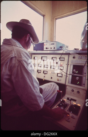A technician works at the data control center for the Linear Induction Motor Test Vehicle (LIMTV), involved in testing advanced transportation technologies. This image captures the technical environment of the LIMTV program. Stock Photo