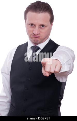 Annoyed businessman is pointing with his forefinger Stock Photo