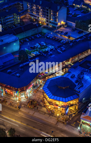 Aerial view of tourists along the main road, Parkway 441, in downtown Gatlinburg, Tennessee at night Stock Photo