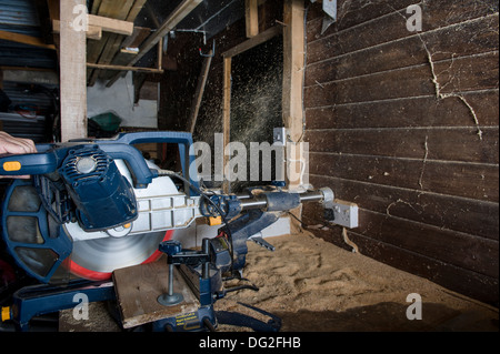A sliding compound mitre saw, in a workshop, cutting timber with sawdust being ejected from the rear of the saw. Stock Photo