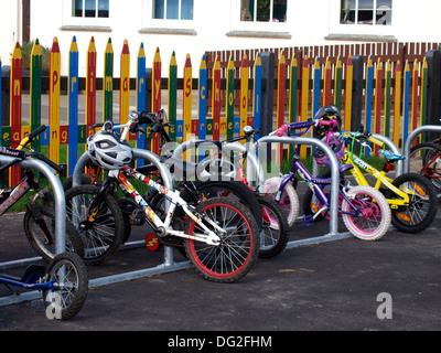 Bike rack at Stratton Primary School, Bude, Cornwall, UK Stock Photo