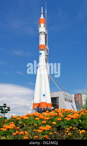 Real 'Soyuz' type rocket as monument Stock Photo