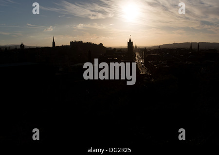 City of Edinburgh, Scotland. Picturesque silhouetted view of Edinburgh city centre viewed from Calton Hill. Stock Photo