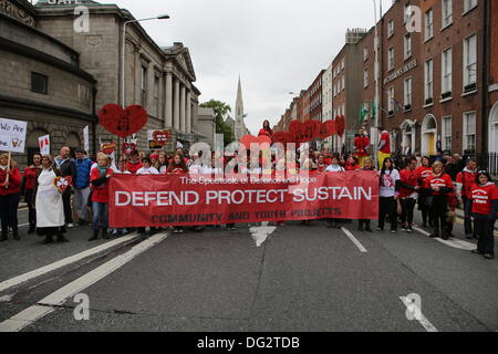 Dublin, Ireland. 12th October 2013. Members of the Spectacle of Defiance & Hope march in the pre-budget protest march. Unions called for a protest march through Dublin, ahead of the announcing of the 2014 budget next week. They protested against cuts in Social Welfare, Health and Education and for an utilisation of alternative revenue sources by the government. © Michael Debets/Alamy Live News Stock Photo