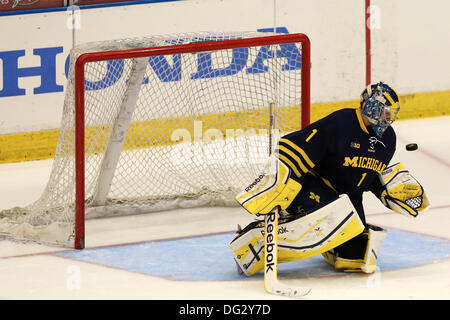 Rochester, New York, USA. 12th Oct, 2013. Michigan's goalie Steve Racine (1) makes a save during the first period. Michigan defeated RIT 7-4 at Blue Cross Arena in Rochester, New York on October 12, 2013 © Nick Serrata/Eclipse/ZUMAPRESS.com/Alamy Live News Stock Photo