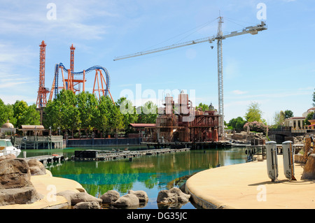 The set surrounding the lake at Parque Warner Madrid, Spain Stock Photo