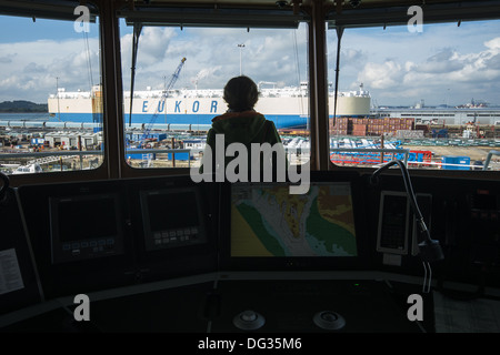 Person on the bridge of the RRS Discovery ship research vessel docked in Empress Dock, Southampton, Hampshire, England, UK Stock Photo