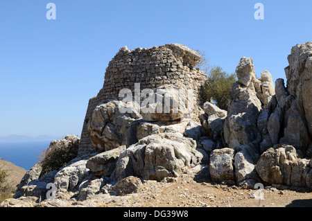 Ruins of castle at Mikro Chorio Abandoned village Tilos Greek island Greece Stock Photo