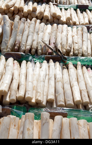 Asparagus from Nienburg at a market stall, Hanover, Lower Saxony, Germany, Stock Photo