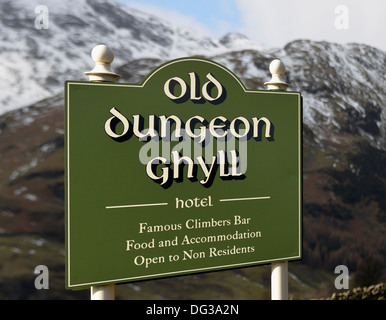 Old Dungeon Ghyll Hotel sign. Great Langdale, Lake District National Park, Cumbria, England, United Kingdom, Europe. Stock Photo