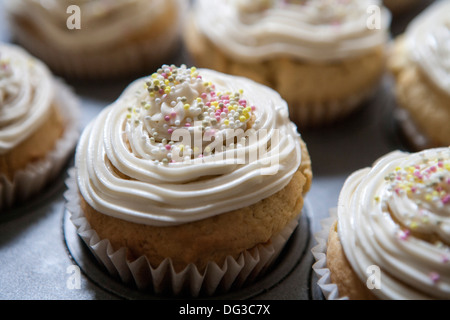 Lemon Vanilla Cupcakes with Cream Cheese Icing and Sprinkles, Close-Up Stock Photo