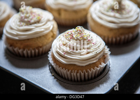 Lemon Vanilla Cupcakes with Cream Cheese Icing and Sprinkles, Close-Up Stock Photo