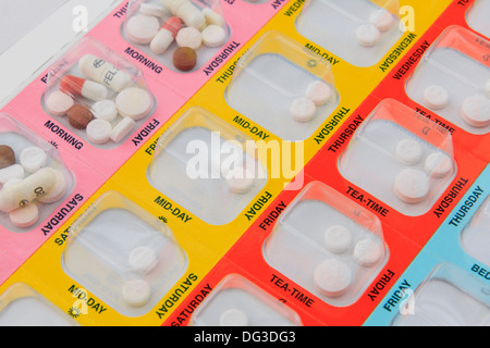 Medicine Manager colour coded blister pack with seven days of medication four times per day everyday. England UK Britain