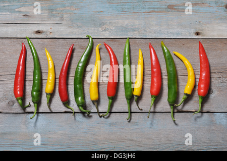 Multi colored hot chili peppers in row on vintage wooden background Stock Photo