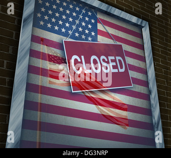 Closed United States of America concept as a metaphor for US government shutdown or failed American business and strict immigration policy as a store window sign with a reflection of a flag on the glass. Stock Photo