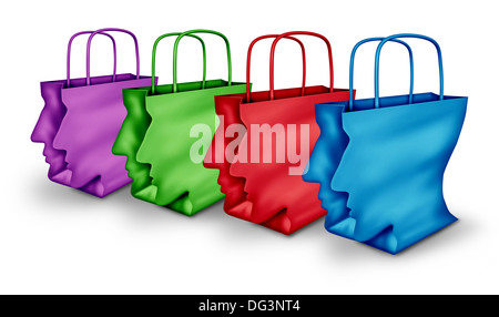 Group shopping consumer concept with a social network of colorful paper shop bags shaped as human heads as smart costumers connected together in a partnership buying symbol communicating sales and special retail deals. Stock Photo