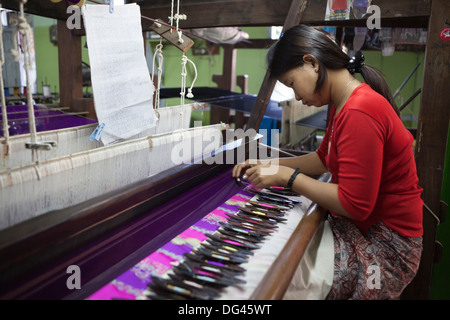 Silk weaving workshop, Mandalay, Myanmar (Burma), Asia Stock Photo