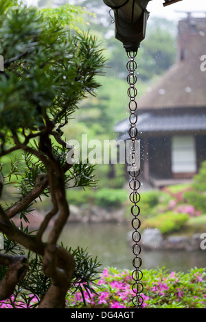 A Japanese rain chain or kusari-doi which is a traditional rain ...