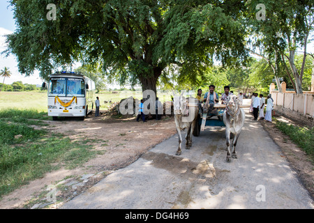 Sri Sathya Sai Baba mobile outreach hospital service clinic bus at a rural Indian village. Andhra Pradesh, India Stock Photo
