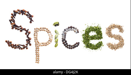 The "spices" word made of various herbs and seeds isolated on white background Stock Photo